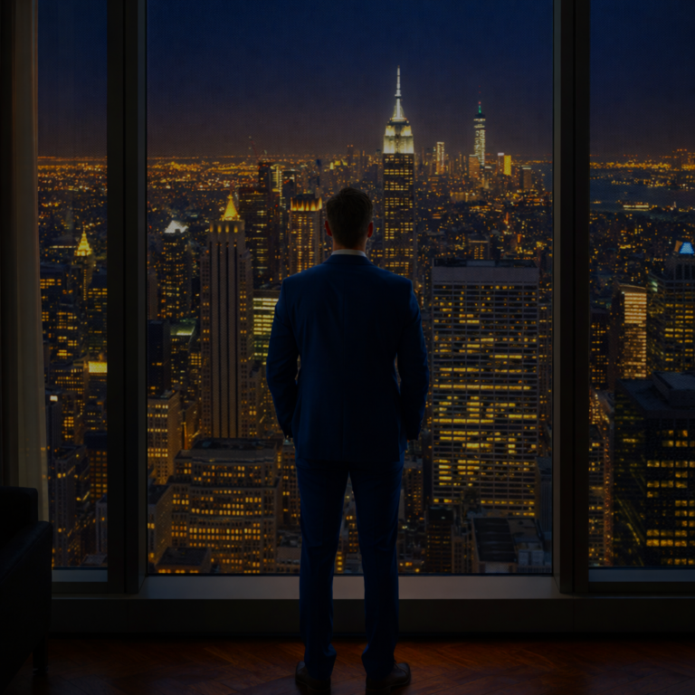 AI generated businessman standing in luxury penthouse overlooking New York skyline at night