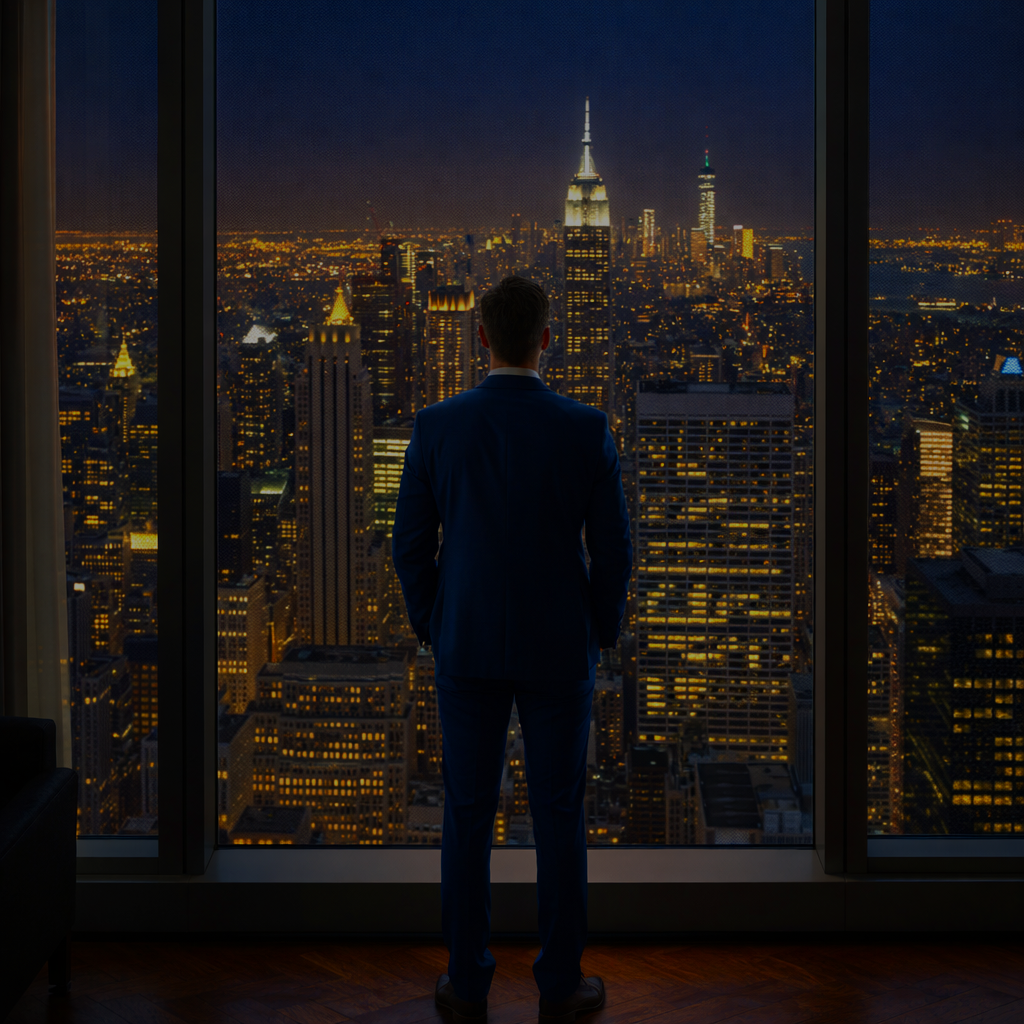 AI generated businessman standing in luxury penthouse overlooking New York skyline at night