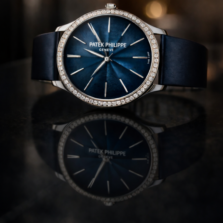 AI-generated illustrative image of a Patek Philippe dress watch with a blue guilloché dial and diamond bezel resting on a dark reflective glass surface with soft luxury lighting.