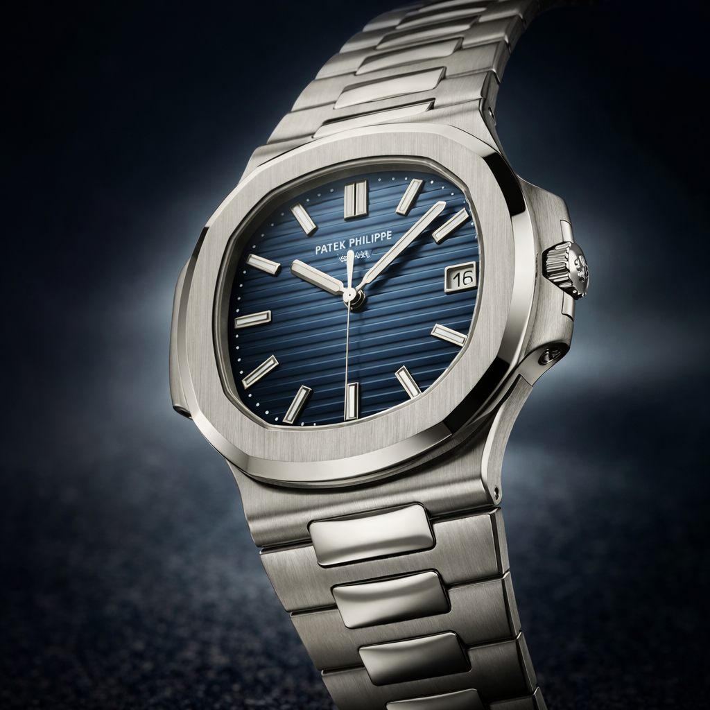 Close-up of a Patek Philippe Nautilus with blue horizontal dial and stainless steel bracelet.