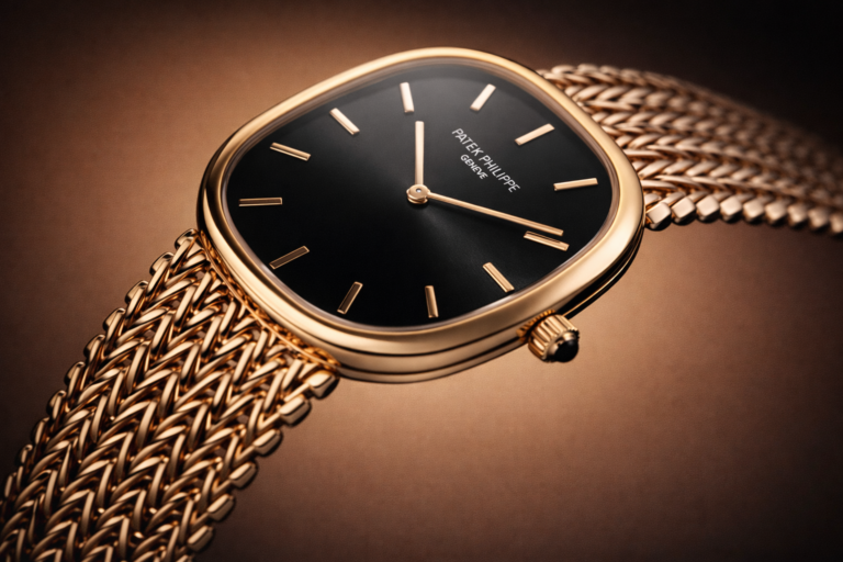 AI-generated illustrative image of a Patek Philippe rose gold dress watch with black dial and woven bracelet, photographed in warm luxury press-style lighting.
