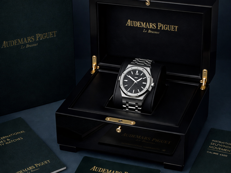 AI-generated illustrative image of an Audemars Piguet Royal Oak watch presented in a luxury box with warranty card and documents.
