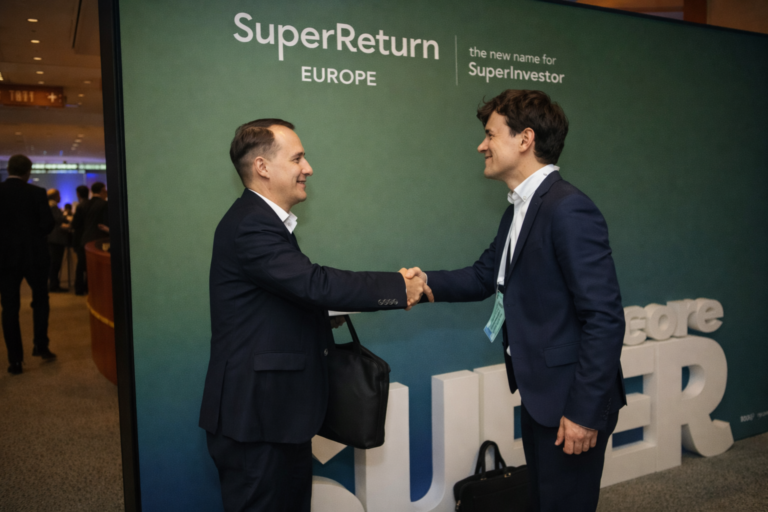 AI-generated Business professionals shaking hands at SuperReturn Europe private equity conference event