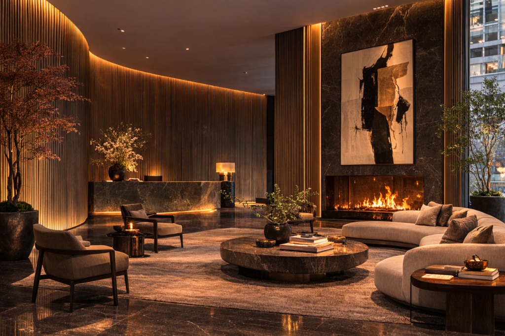 luxury hotel lounge inspired by Aman New York design with marble fireplace warm lighting and minimalist luxury furniture