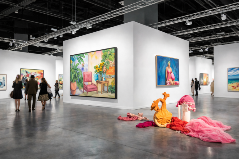 AI-generated image of visitors exploring contemporary artworks at an Art Basel style exhibition inside a large modern gallery space.