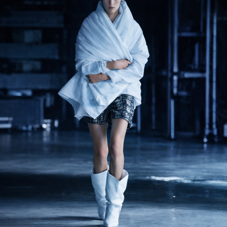 AI-generated image of a fashion model walking a dark runway wearing an oversized white wrap, metallic mini skirt and white boots in a futuristic couture show.