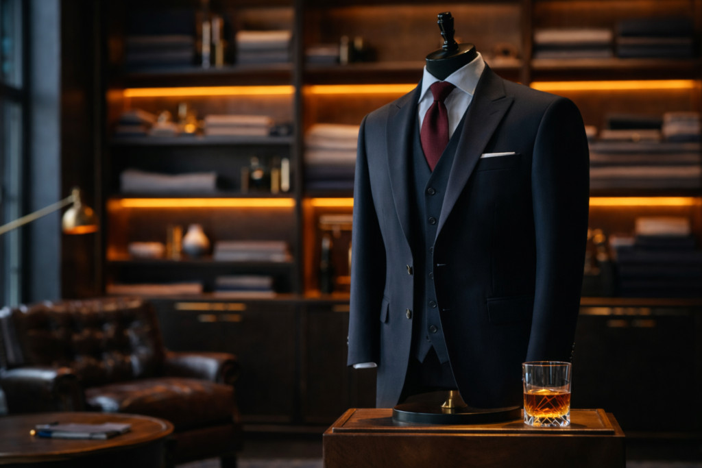 AI generated luxury tailoring atelier displaying bespoke suits and premium fabrics