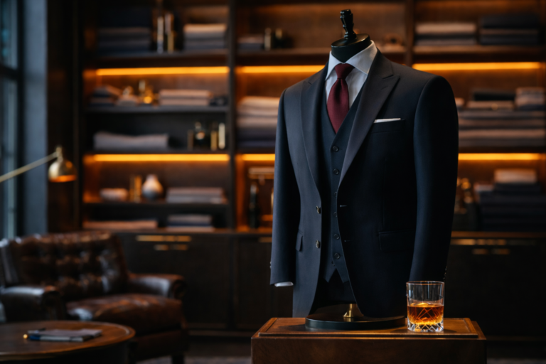 AI generated luxury tailoring atelier displaying bespoke suits and premium fabrics