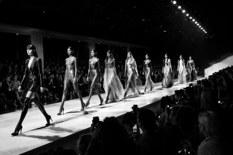 AI-generated black-and-white image of models walking the runway during a high-fashion show, with dramatic lighting and photographers capturing the moment from the audience.