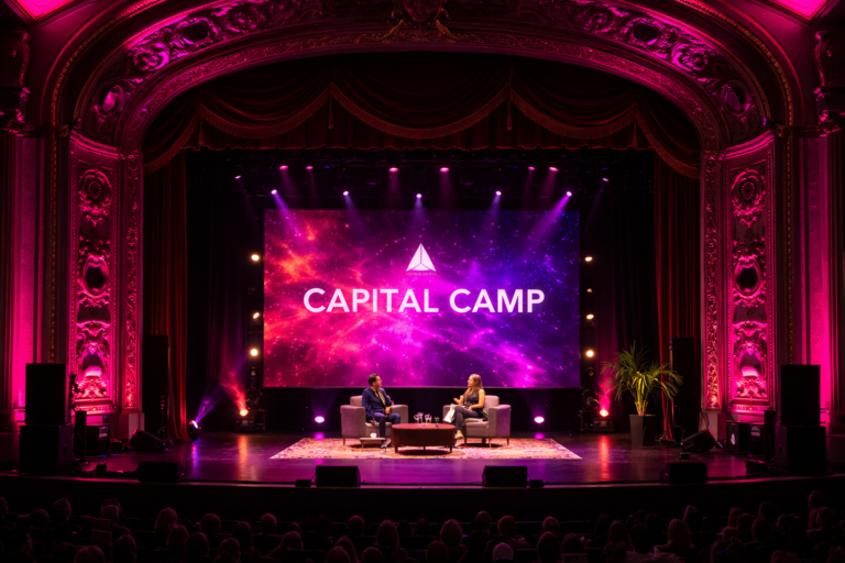 AI-generated image of the Capital Camp conference on a grand theater stage with dramatic pink lighting, large LED screen displaying Capital Camp, and speakers seated in armchairs during a live discussion.