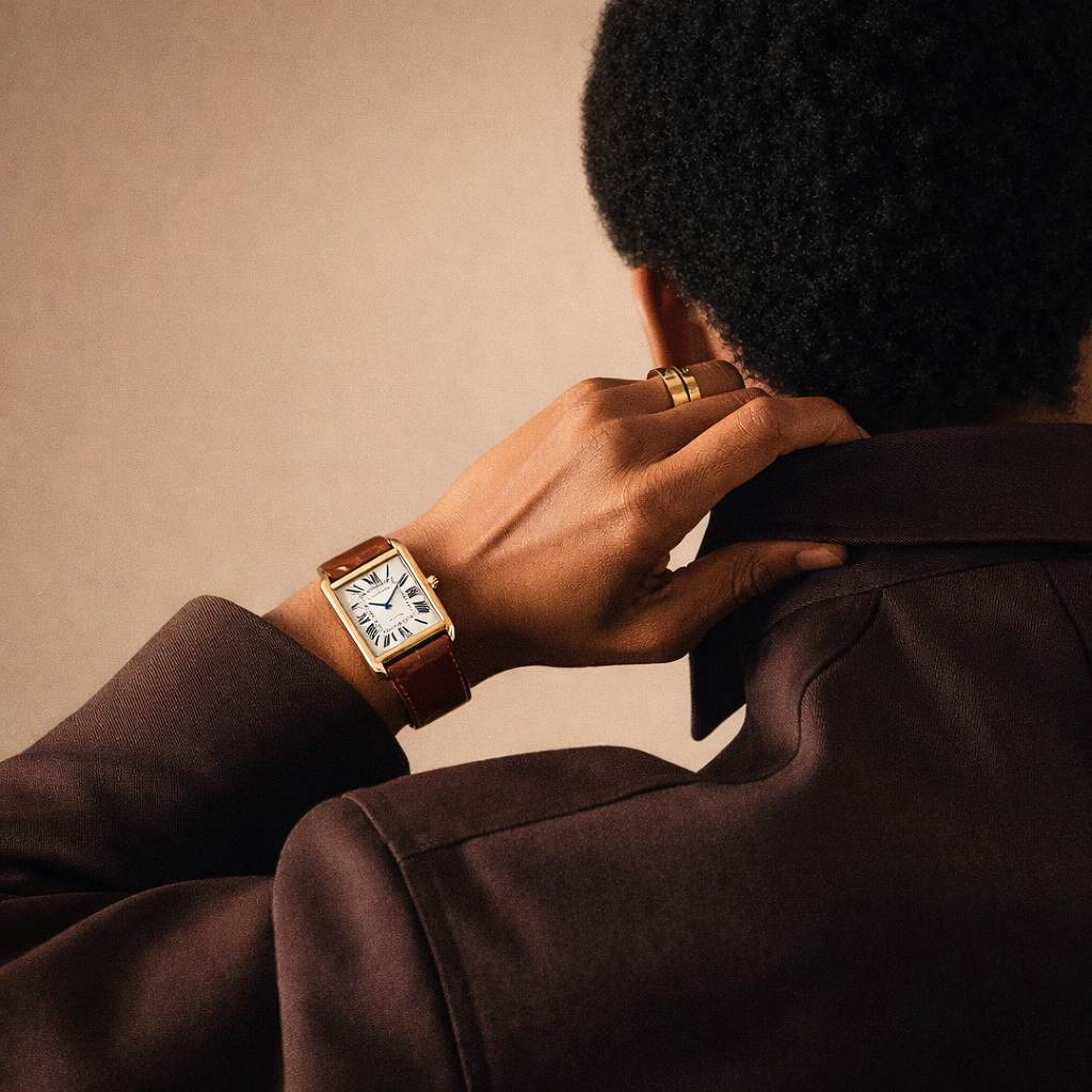 Cartier Tank watch with brown leather strap worn on wrist in a luxury editorial portrait.
