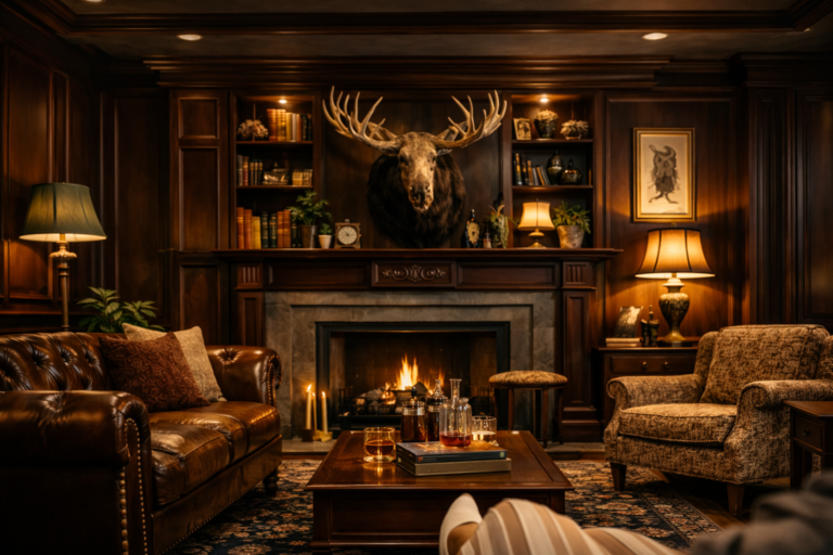 Cozy, rustic living room with fireplace.