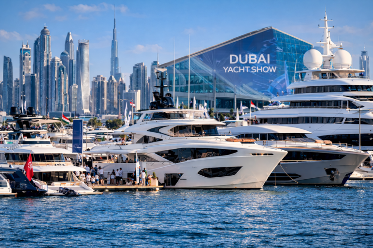 AI-generated image of luxury superyachts displayed at the Dubai International Boat Show with the Dubai skyline in the background.