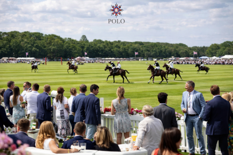 AI-generated scene of a professional polo match on a manicured grass field with spectators watching from a terrace during an upscale summer polo event.