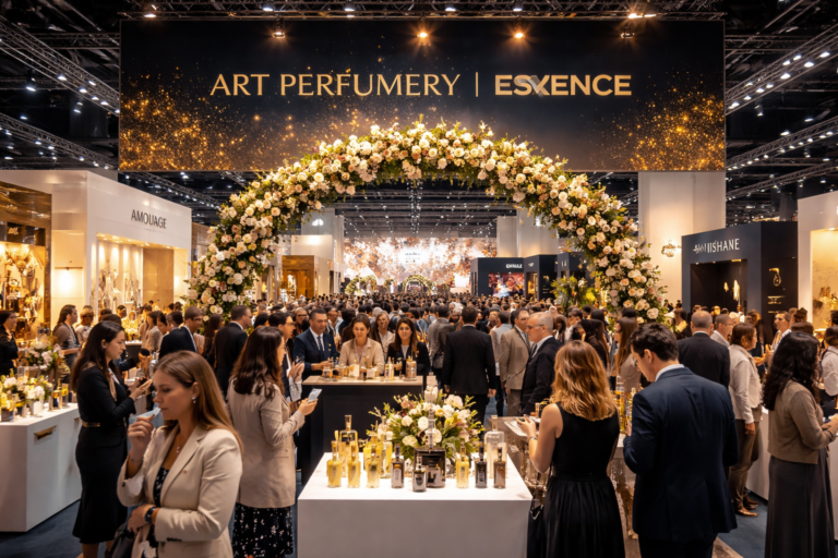 AI-generated image of visitors exploring luxury fragrance booths at the Art Perfumery | Esxence exhibition in a large perfume trade show hall.