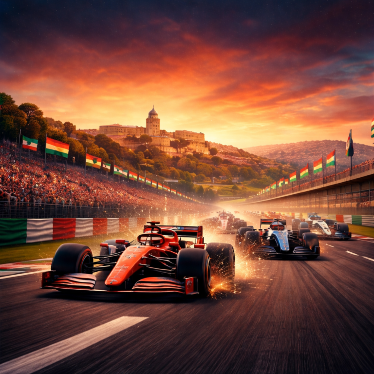 AI-generated Formula 1 race scene with multiple F1 cars speeding through a packed Grand Prix circuit at sunset with dramatic sky and cheering grandstands