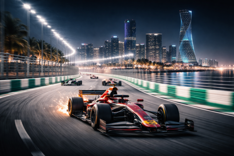 AI-generated image of Formula 1 cars racing at night along the illuminated Jeddah Corniche Circuit with the Jeddah skyline in the background.