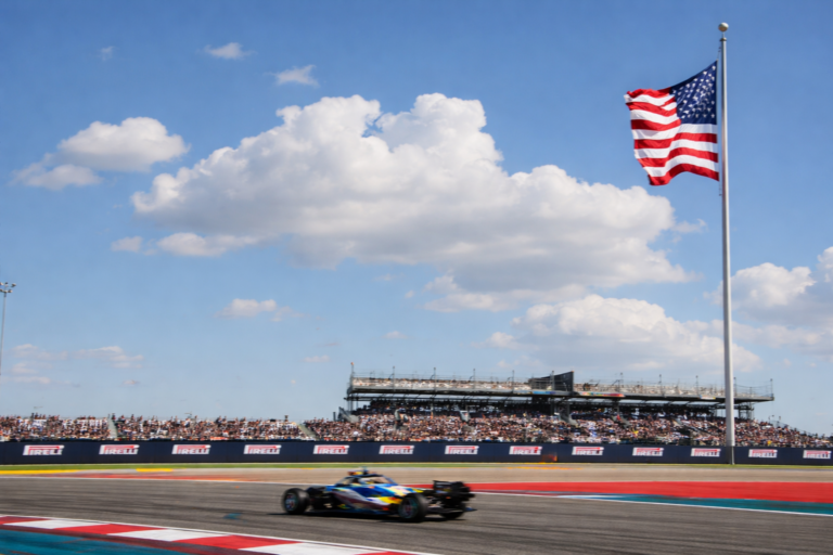 AI-generated image of a Formula 1 car racing at Circuit of the Americas with a large American flag waving above packed grandstands during the United States Grand Prix.