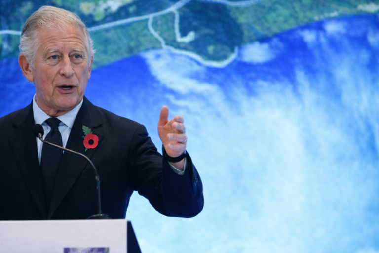 AI-generated image of a global leader delivering a speech at an international climate summit with a world map backdrop.