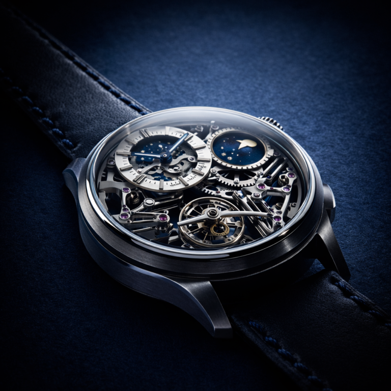 AI-generated image of a grand complication mechanical watch with exposed movement and moonphase, showcasing haute horology craftsmanship.