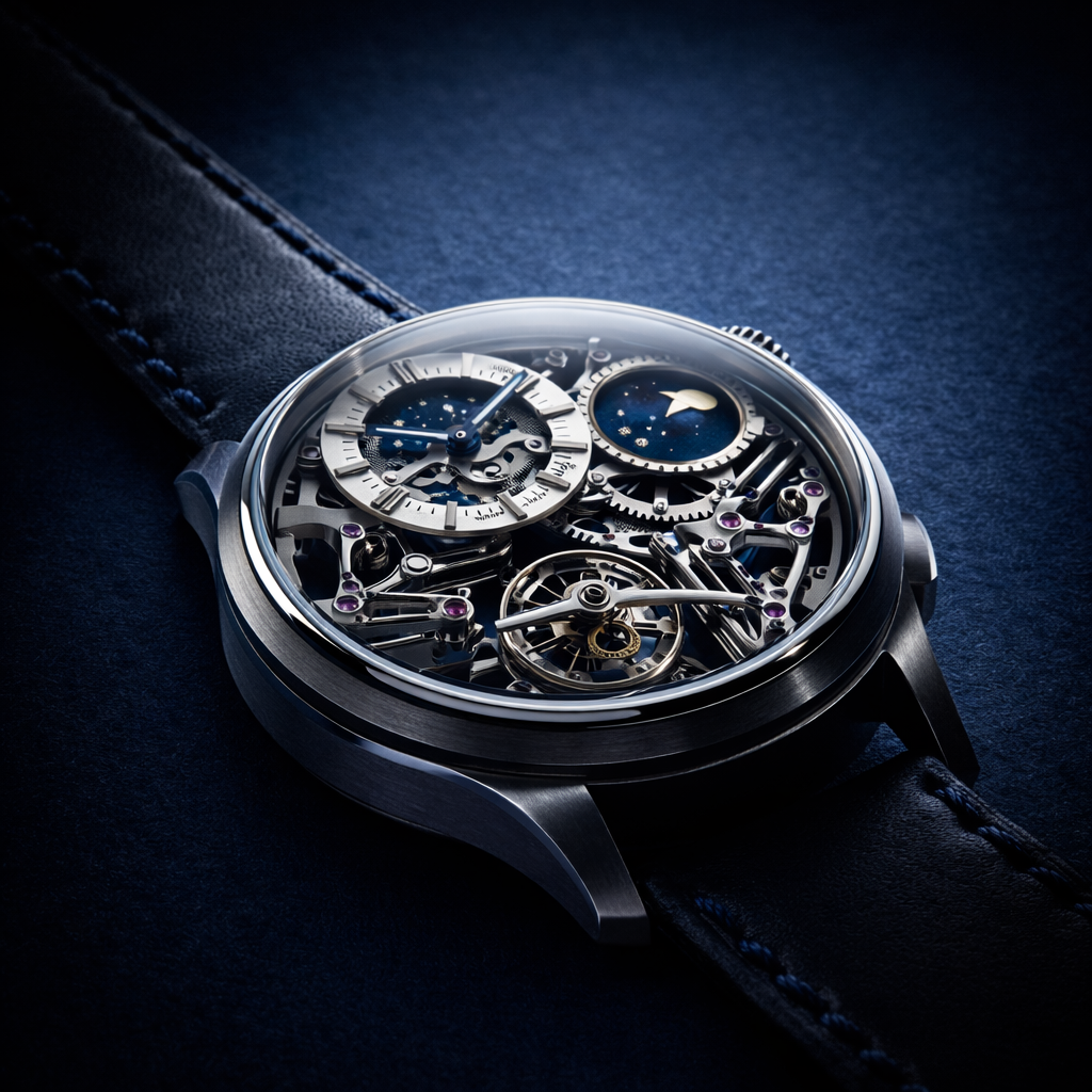 AI-generated image of a grand complication mechanical watch with exposed movement and moonphase, showcasing haute horology craftsmanship.