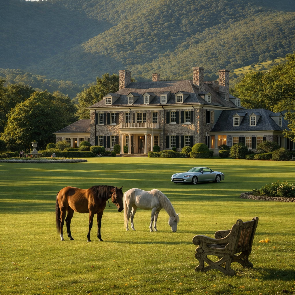 AI generated luxury countryside estate with horses grazing on expansive private land