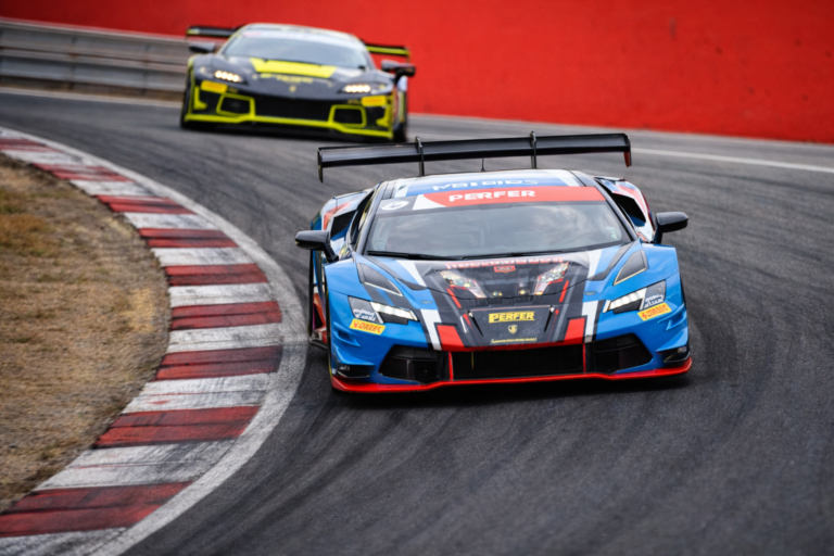 AI-generated image of a modern GT3 race car aggressively cornering on a professional racetrack while a rival car follows closely behind.