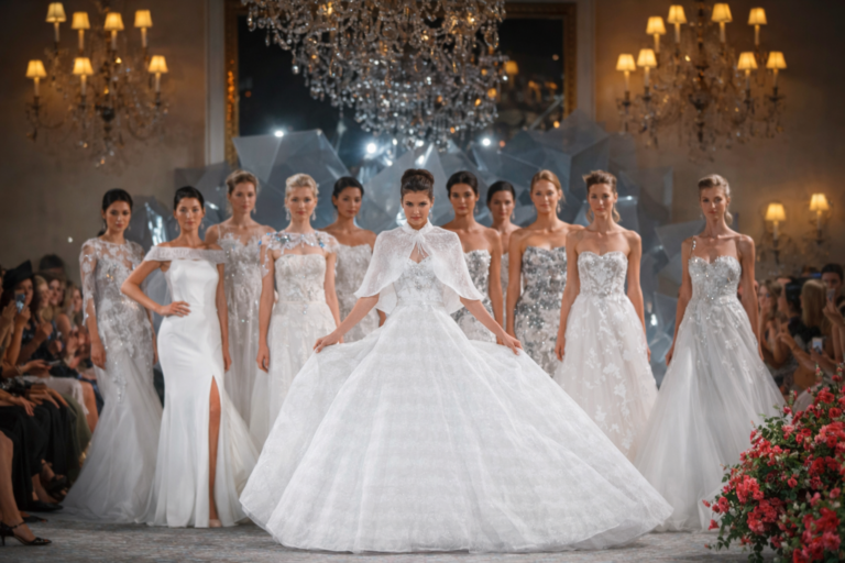 AI-generated haute couture bridal runway scene featuring a central ball-gown wedding dress surrounded by elegant bridal looks under chandeliers in a luxury fashion show setting.
