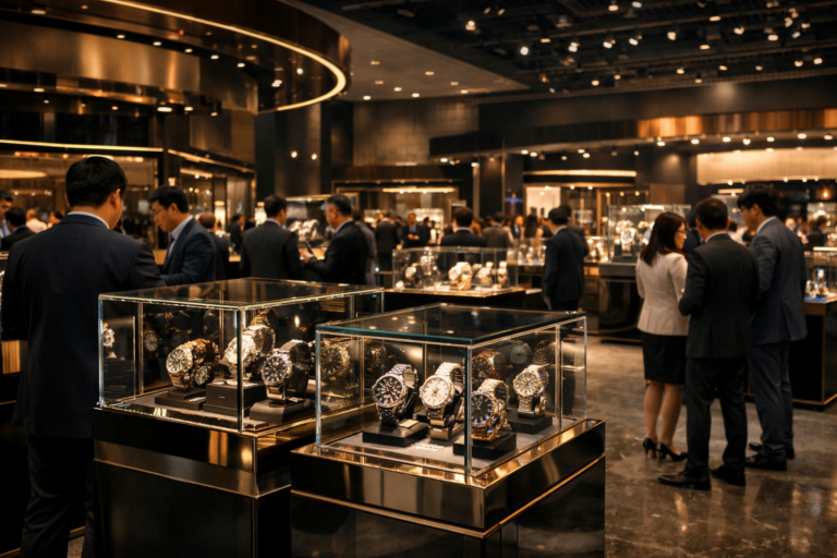 AI-generated luxury watch exhibition hall inspired by the Hong Kong Watch & Clock Fair, showcasing mechanical timepieces in elegant glass display cases.