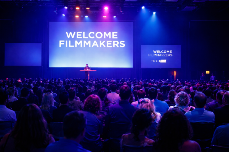 AI-generated image of a large auditorium audience at an international film festival opening session with a stage screen reading “Welcome Filmmakers.”