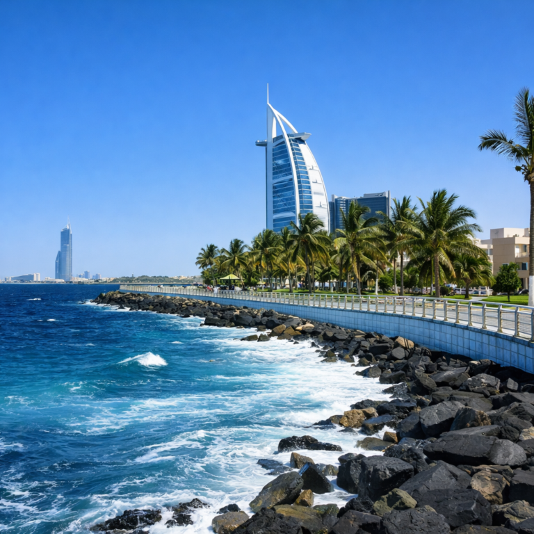 AI-generated view of the Jeddah Corniche waterfront with palm-lined promenade, crashing Red Sea waves and modern skyscrapers rising along the Saudi Arabian coastline.