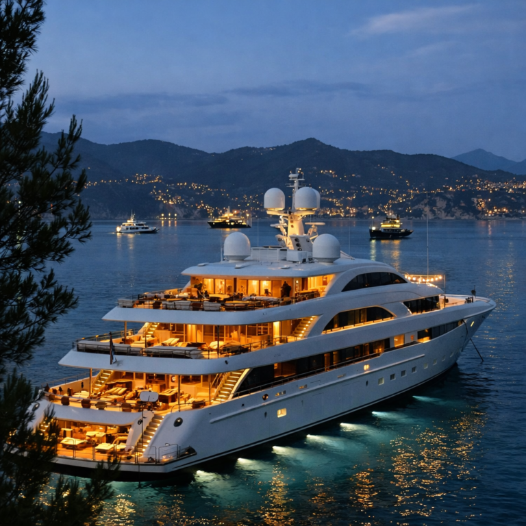 Luxurious yacht illuminated at night