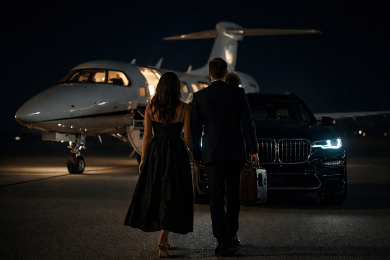 AI generated couple walking toward a private jet at night