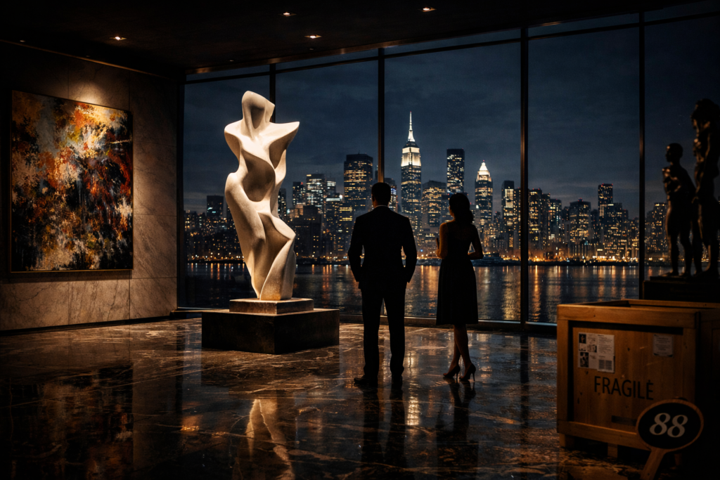Ultra-luxury private art gallery interior with golden abstract sculpture, wealthy collectors in evening attire, and panoramic Manhattan skyline at night.