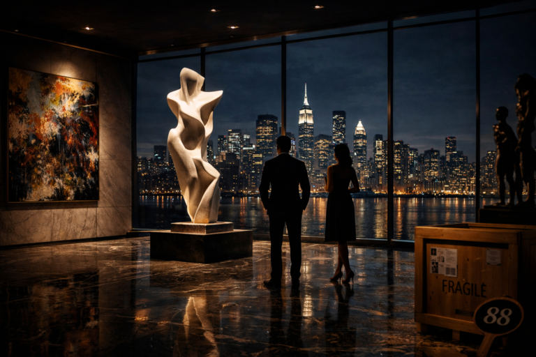 Ultra-luxury private art gallery interior with golden abstract sculpture, wealthy collectors in evening attire, and panoramic Manhattan skyline at night.