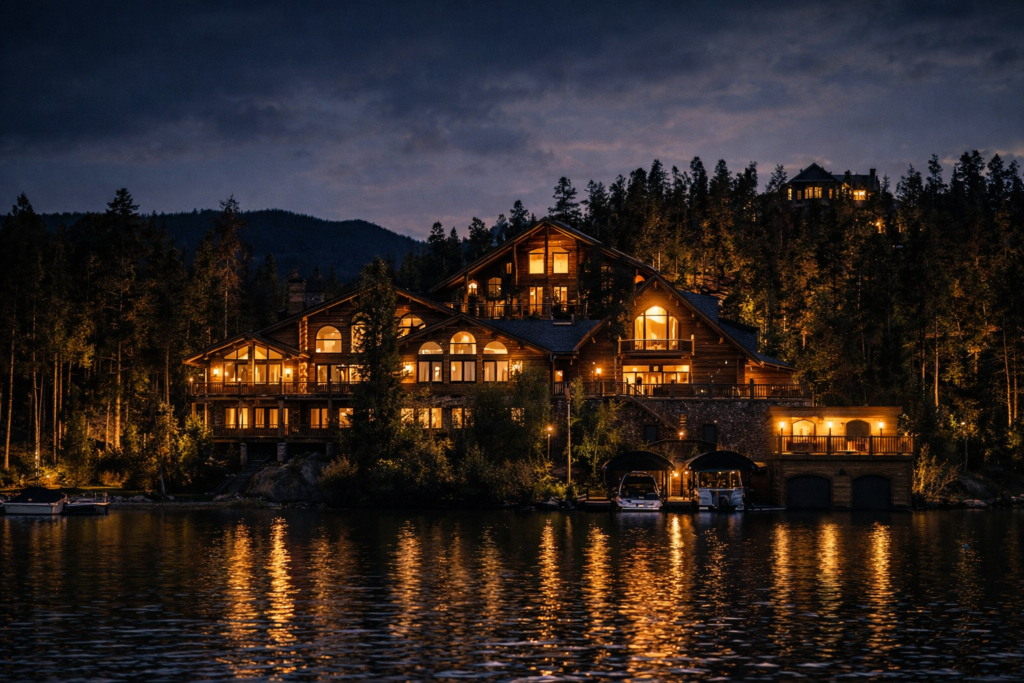 AI generated luxury resort illuminated beside a mountain lake at night