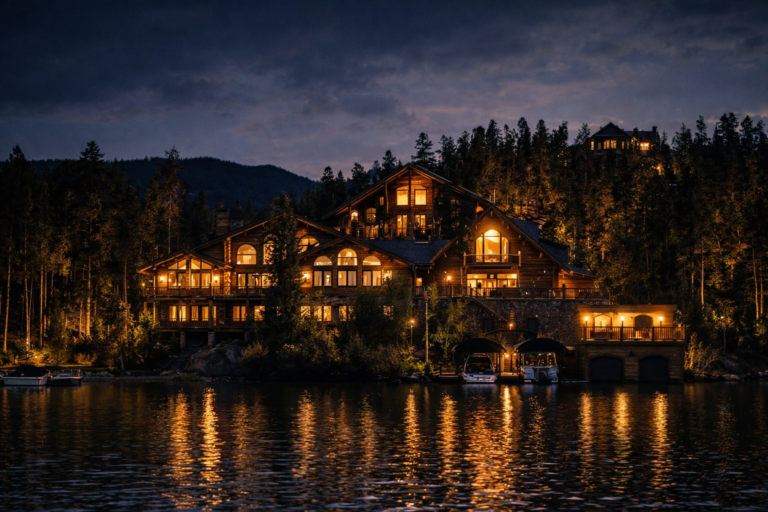 AI generated luxury resort illuminated beside a mountain lake at night