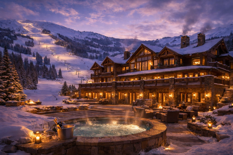 luxury ski chalet with outdoor spa pool overlooking illuminated mountain slopes