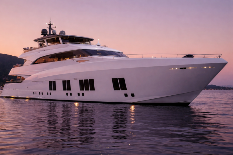 AI-generated image of a modern white superyacht cruising on calm waters at sunset during the Singapore Yachting Festival.