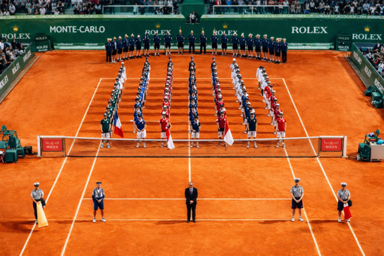 AI-generated scene of the Rolex Monte-Carlo Masters clay court during a pre-match ceremony, with lined-up officials and ball kids on court and Rolex branding around the stadium.