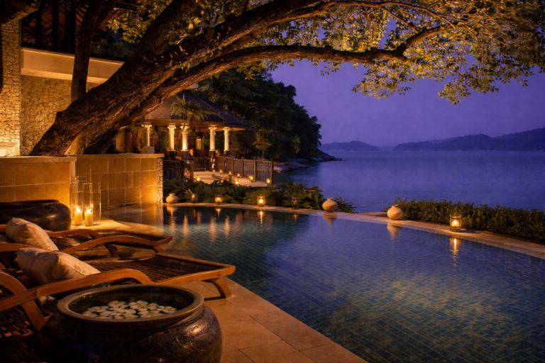 luxury tropical oceanfront villa with infinity pool and candlelit terrace overlooking calm sea at sunset