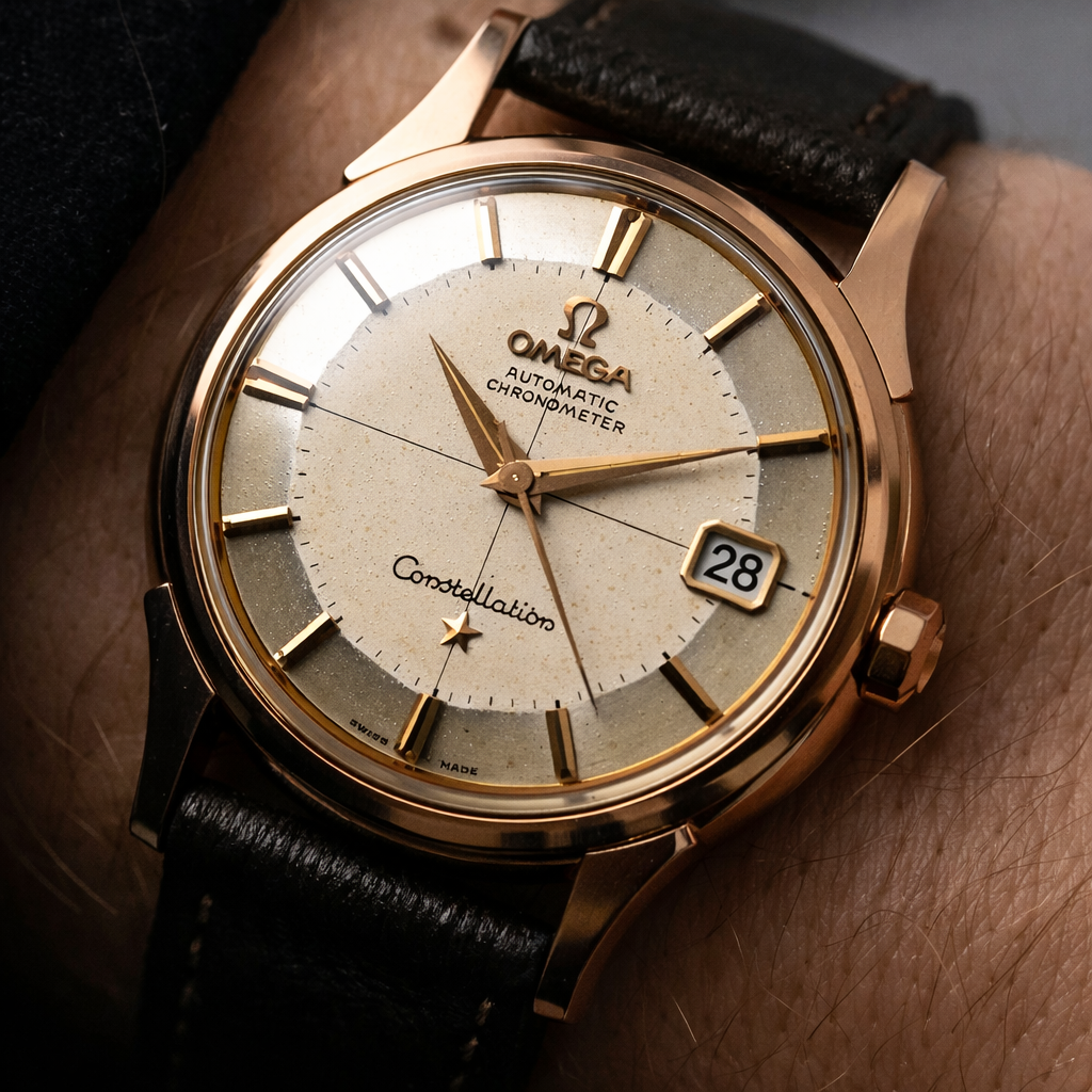 Close-up of Omega Constellation automatic chronometer watch with gold case and leather strap