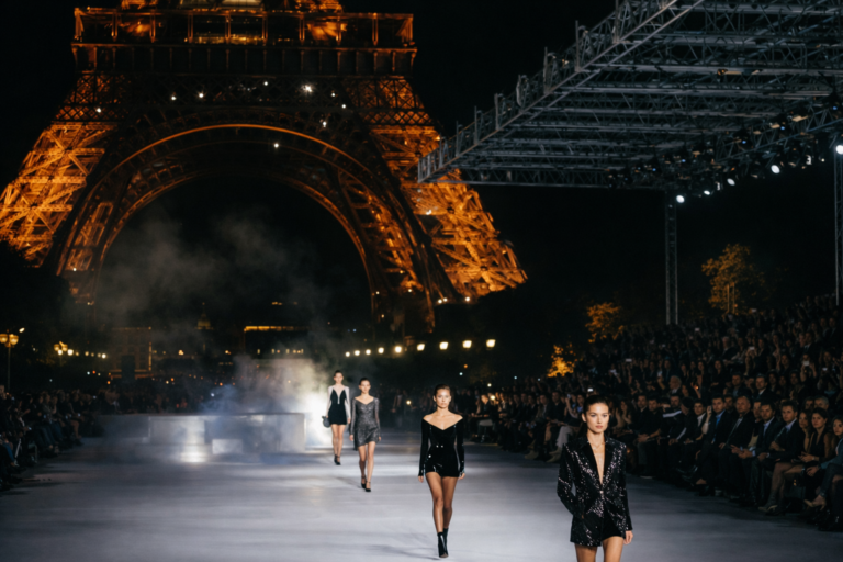 AI generated Paris Fashion Week runway show with models walking beneath the illuminated Eiffel Tower at night