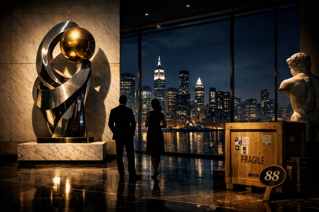 Ultra-luxury private art gallery interior with contemporary sculpture, wealthy collectors in silhouette, and a nighttime skyline view symbolizing the rise of private art foundations.