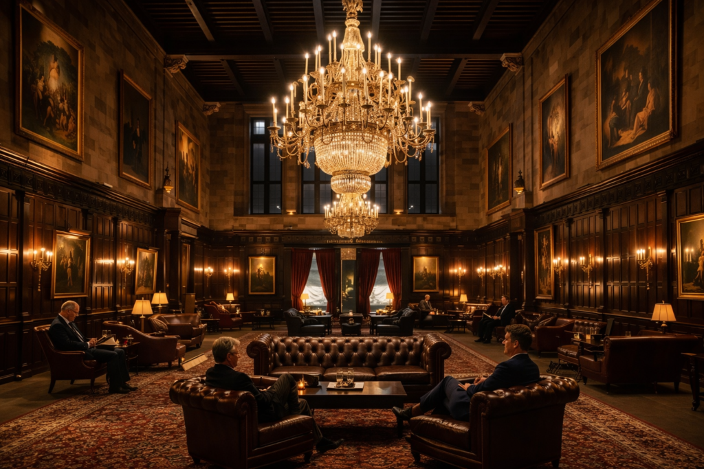 Private elegant club with chandelier and paintings.