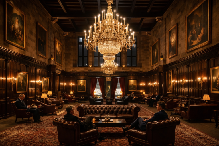 Private elegant club with chandelier and paintings.