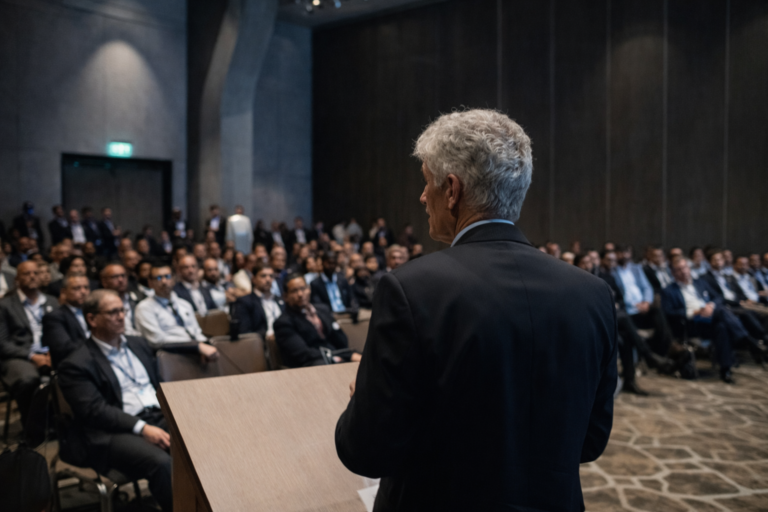 AI generated keynote speaker addressing an audience at a private equity investment conference