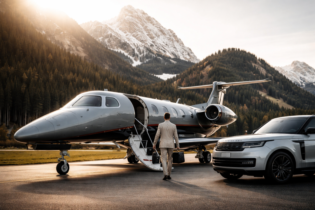 AI generated private jet parked near luxury vehicle in alpine landscape