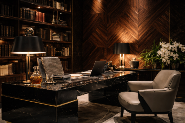 AI generated luxury library lounge with leather seating and warm lighting