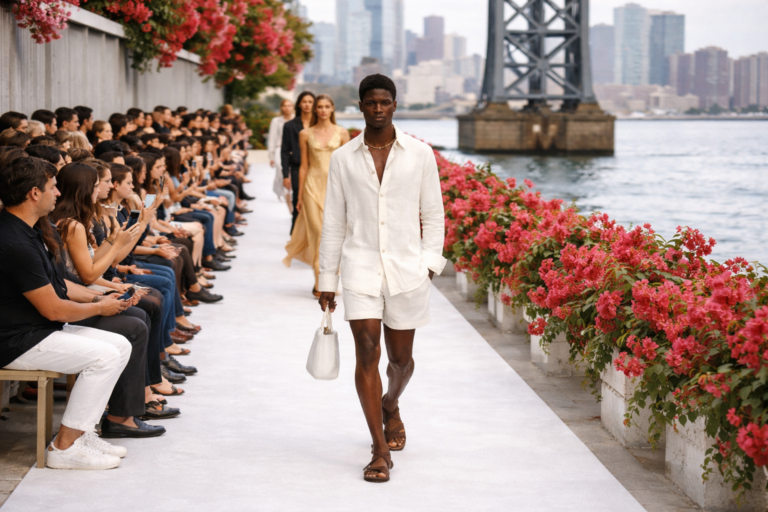 AI-generated luxury fashion runway scene by the waterfront with a male model in white linen shirt and shorts walking past red bougainvillea and a city bridge during a summer fashion show.